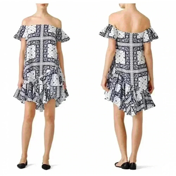 Cinq A Sept Minella Off-the-shoulder Dress Sz 6 Paisley Bandana Blue Flutter NEW - Picture 3 of 11